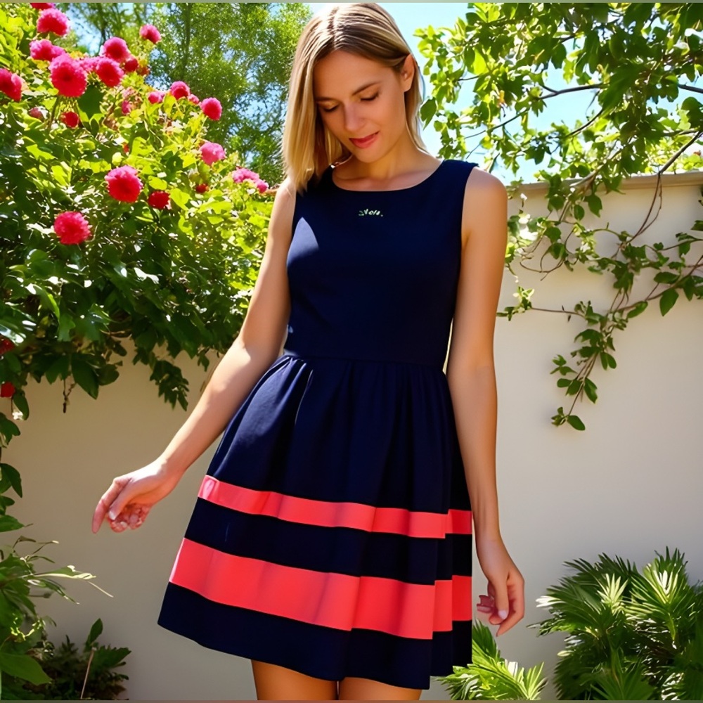 A. Byer Navy & Coral Striped Party Dress with Pockets - Size M